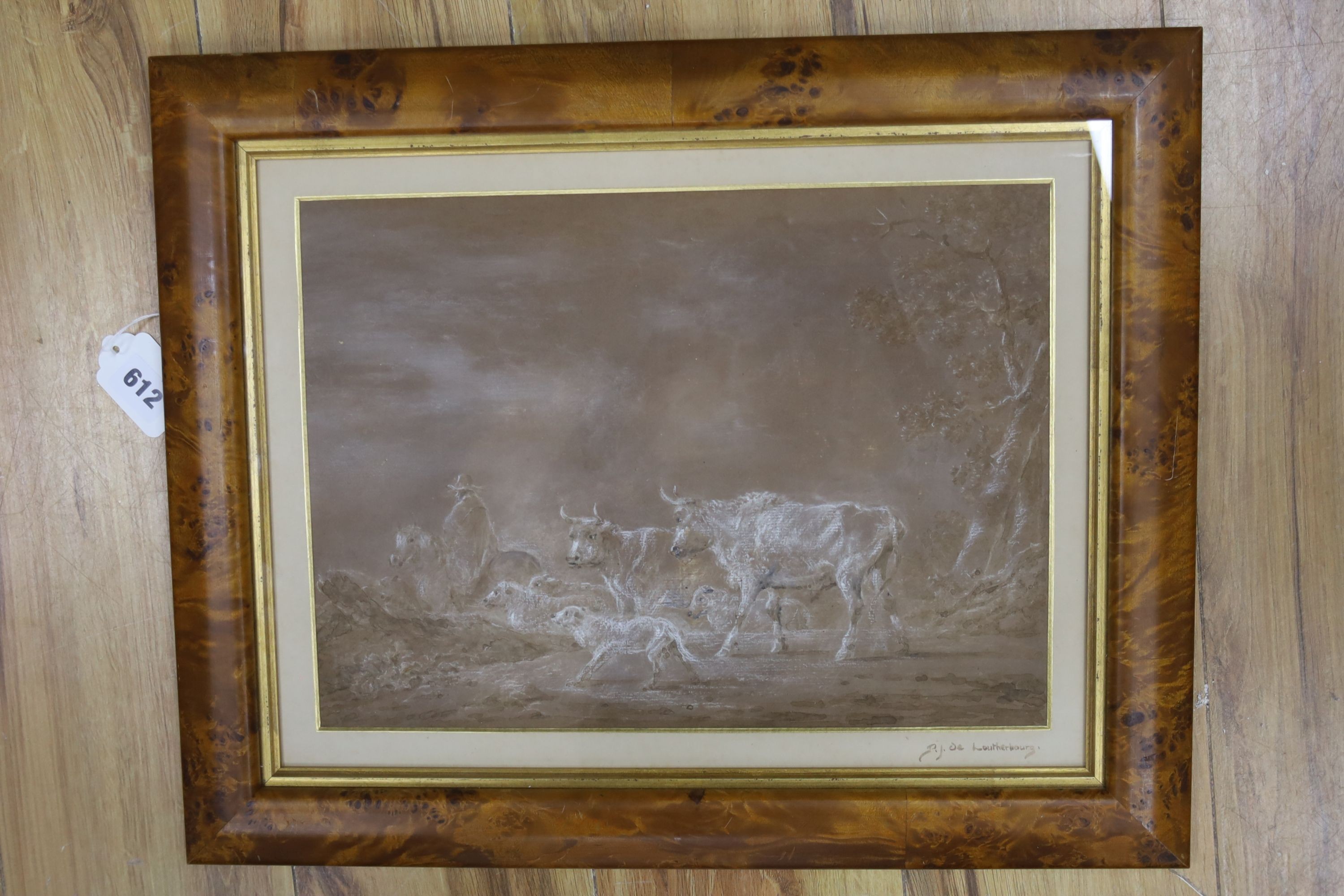 Attributed to Philip De Loutherbourg, watercolour and chalk, Cattle drover in a landscape, 27 x 37cm